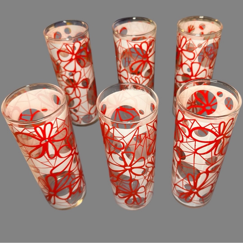 Set of 6 Vintage Dominion 10 ounce Floral Red and White High Ball Glasses (EUC) - Picture 6 of 10